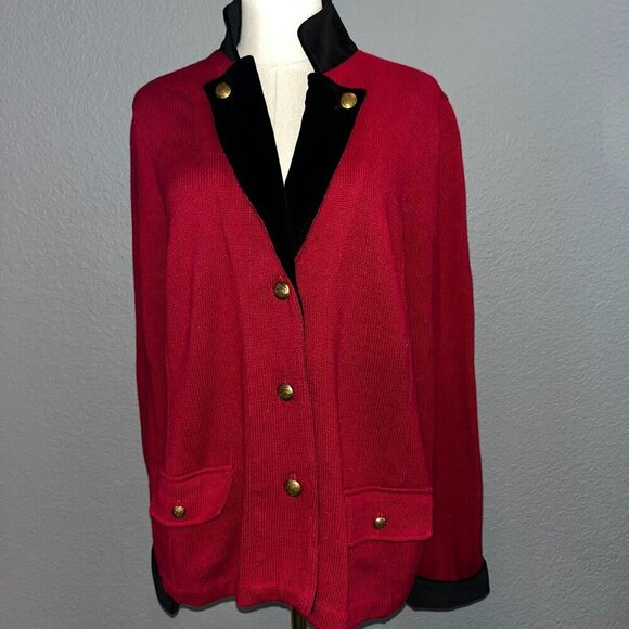LAUREN RALPH LAUREN Red Knit Equestrian Military Velvet Trim Sweater Jacket 1X - Picture 1 of 14